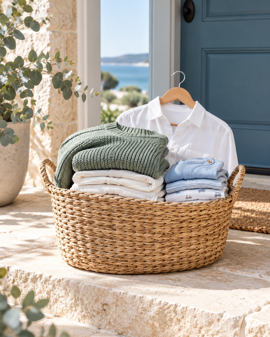 Family clothing neatly folded in a woven basket at a sunlit coastal doorway